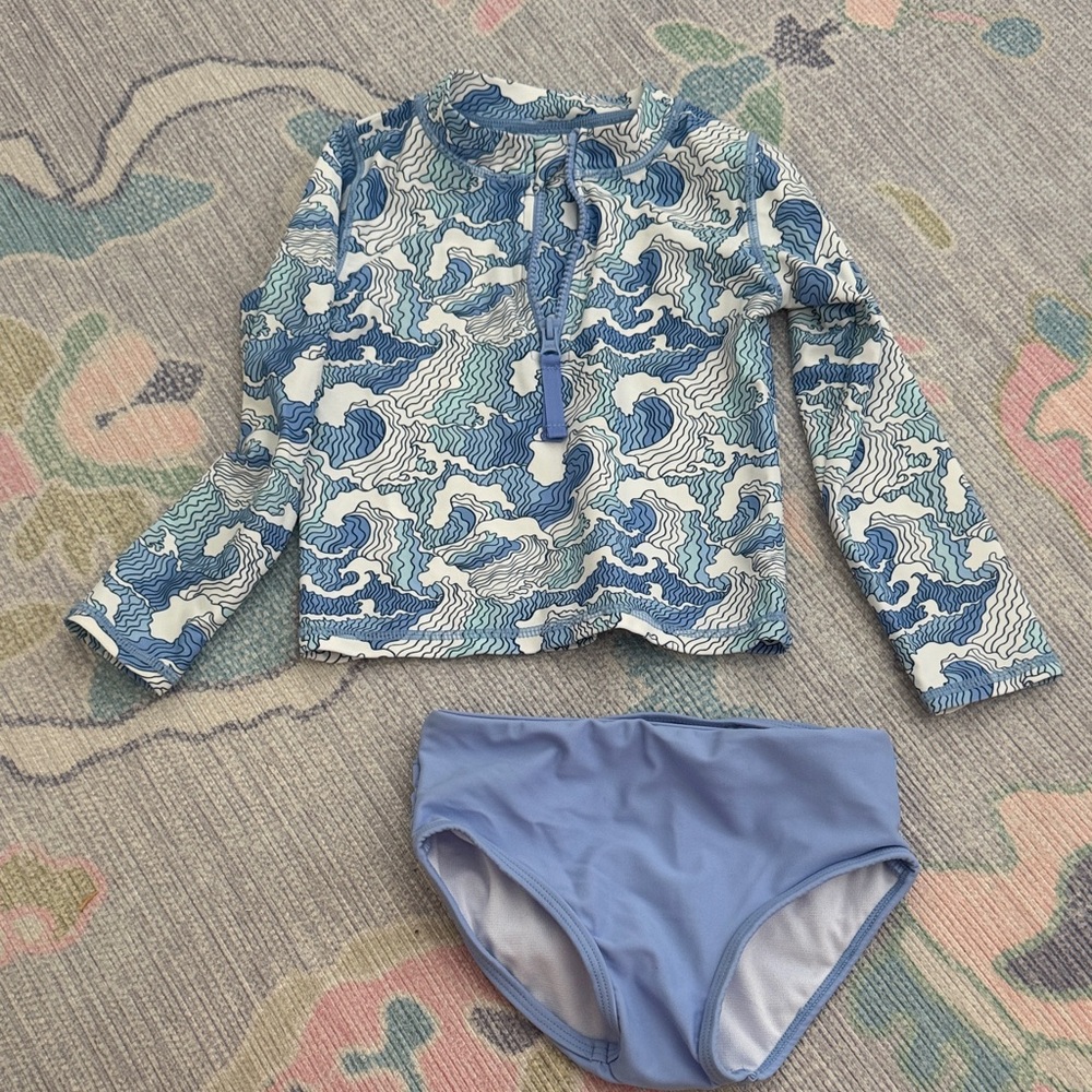 Ruffle butt Kids Swim Set - Blue Wave Pattern 4T